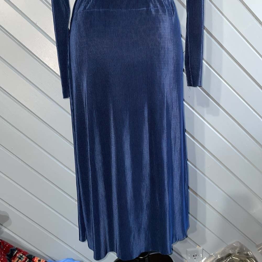 Zara gathered waist pleated navy light weight semi sheer long sleeve midi dress - Picture 12 of 13